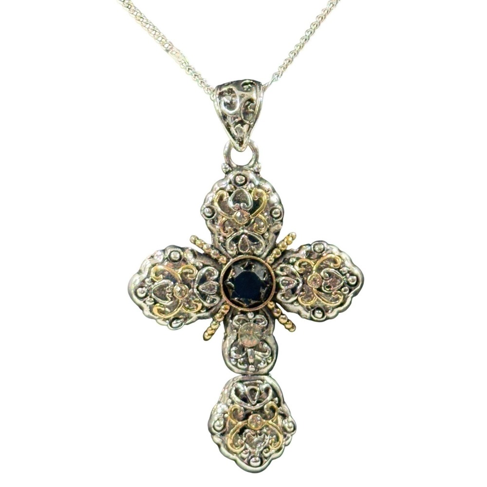 Ornate Filigree Cross Pendant Necklace Silver Gold Tone Black Stone Jewelry